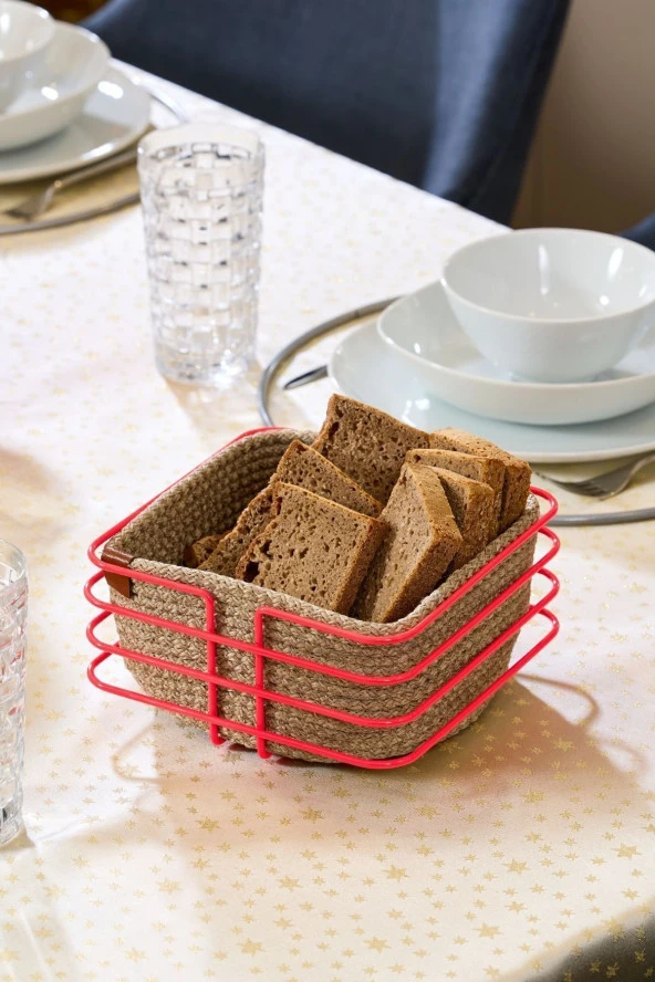 Pembe Oval Köşeli Kare Ekmek Sepeti Şık, Ekmeklik Hasır Örmeli Makrome - Çok Amaçlı Metal Paslanmaz