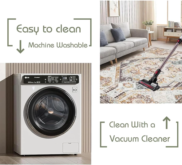 Klasik Kahve Krem Salon&Oturma Odası&Yolluk Dijital Baskılı Makinede Yıkanabilir Kaymaz Taban Saçaklı Halı HK017 - 9