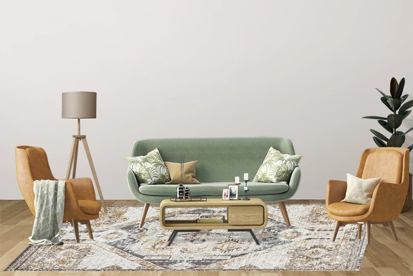 Klasik Kahve Krem Salon&Oturma Odası&Yolluk Dijital Baskılı Makinede Yıkanabilir Kaymaz Taban Saçaklı Halı HK017 - 2