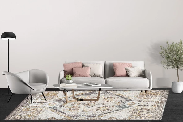 Klasik Kahve Krem Salon&Oturma Odası&Yolluk Dijital Baskılı Makinede Yıkanabilir Kaymaz Taban Saçaklı Halı HK017 - 3