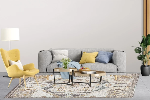 Klasik Kahve Krem Salon&Oturma Odası&Yolluk Dijital Baskılı Makinede Yıkanabilir Kaymaz Taban Saçaklı Halı HK017 - 4