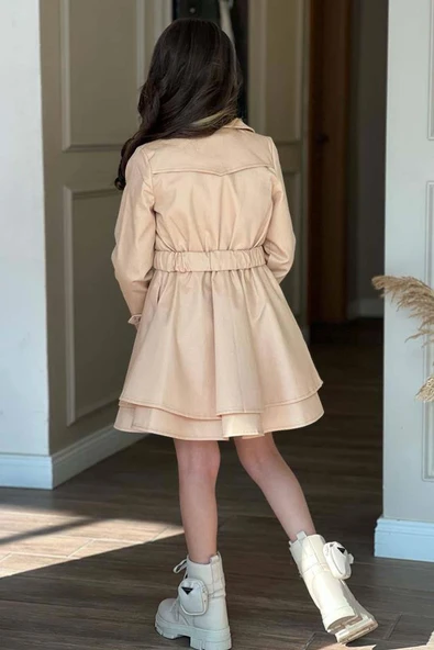 Kız Çocuk Çiçek Desenli Piliseli Bej Trençkotlu Elbise - Resim 8