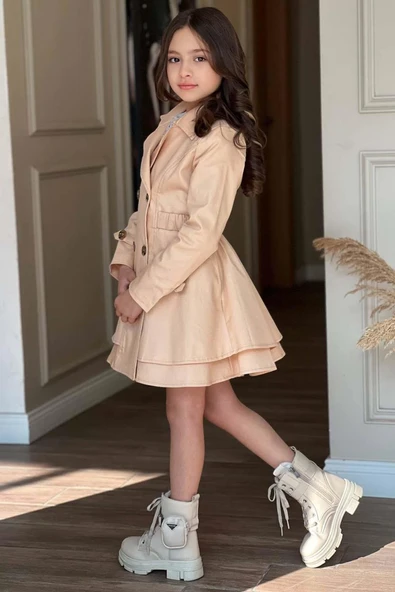 Kız Çocuk Çiçek Desenli Piliseli Bej Trençkotlu Elbise - Resim 6