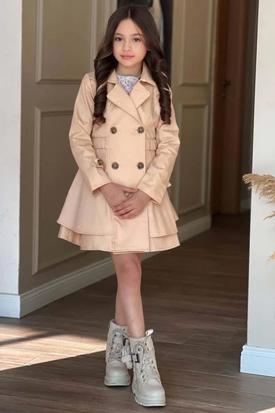 Kız Çocuk Çiçek Desenli Piliseli Bej Trençkotlu Elbise - Resim 5