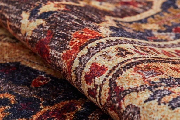 Klasik Kahve Kırmızı Salon&Oturma Odası&Yolluk Dijital Baskılı Makinede Yıkanabilir Kaymaz Taban Saçaklı Halı HK046 - 5