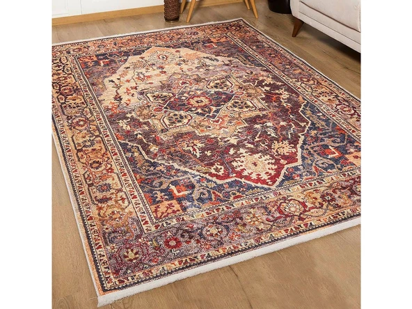 Klasik Kahve Kırmızı Salon&Oturma Odası&Yolluk Dijital Baskılı Makinede Yıkanabilir Kaymaz Taban Saçaklı Halı HK046 - 3