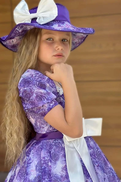 Kız Çocuk Üzeri Gül Baskılı Yakası ve Etek Ucu Dantel İşlemeli Mor Elbise - Resim 3