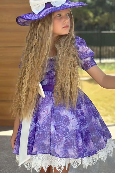 Kız Çocuk Üzeri Gül Baskılı Yakası ve Etek Ucu Dantel İşlemeli Mor Elbise - Resim 5