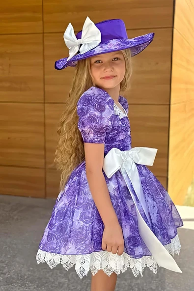 Kız Çocuk Üzeri Gül Baskılı Yakası ve Etek Ucu Dantel İşlemeli Mor Elbise - Resim 2