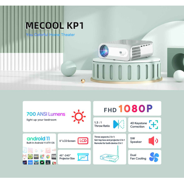 Mecool KP1 1920x1080P 700 Ansi, 2.4/5Ghz Netflix sertifikalı (Mecool KD5 - Android TV Stick hediyeli)