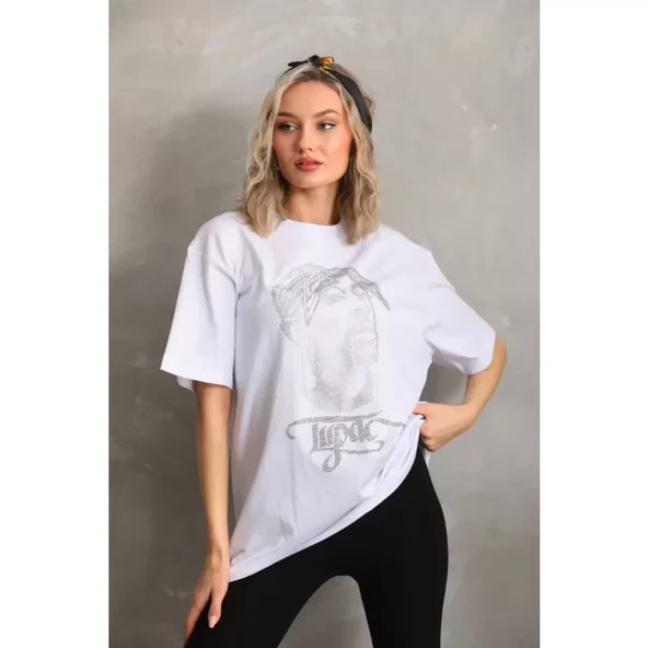 Lucky Life Unisex Taş Desenli Oversize T-Shirt - Beyaz - 2