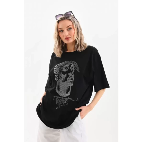 Lucky Life Unisex Taş Desenli Oversize T-Shirt - Siyah - 2