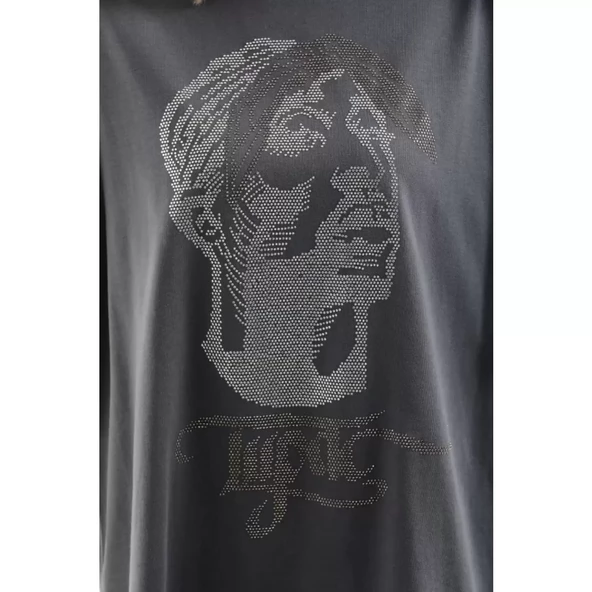 Lucky Life Unisex Taş Desenli Oversize T-Shirt - Füme