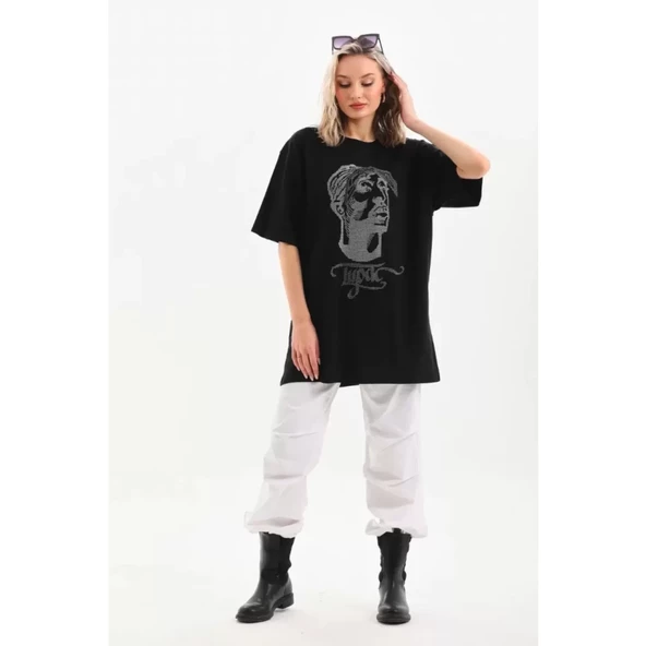 Lucky Life Unisex Taş Desenli Oversize T-Shirt - Siyah - 4