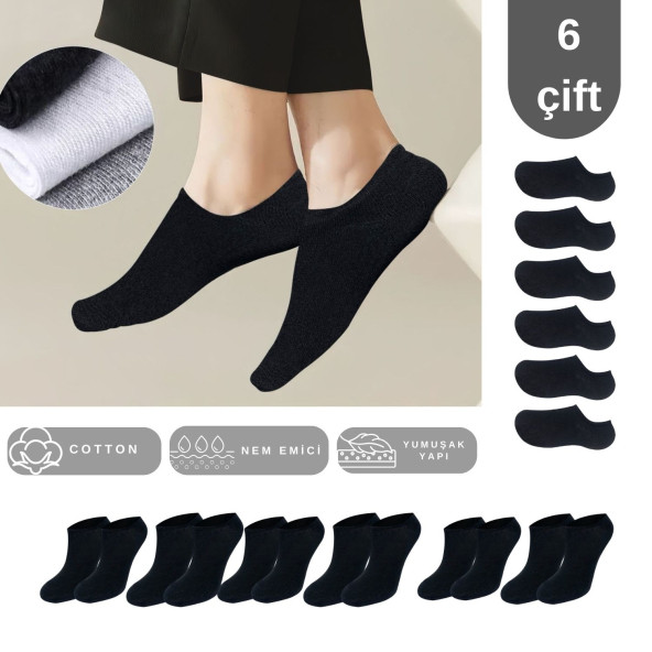 Kadın - Erkek - Unisex Düz Desen (6 ÇİFT) Pamuklu Beden Mevsimlik Terletmez Görünmez Çorap - 4