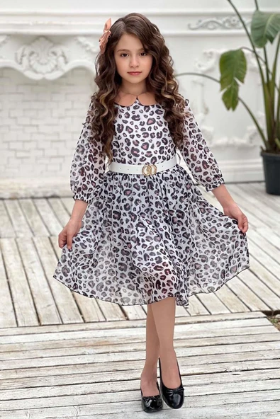 Kız Çocuk Bebe Yaka Leopar Desenli Piliseli Kemerli Beyaz Elbise - Resim 4