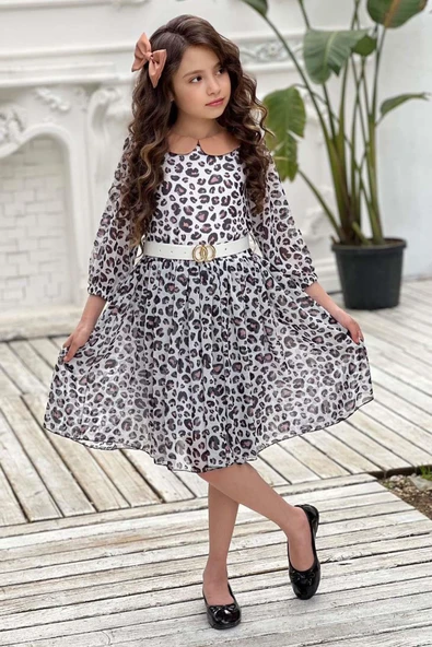 Kız Çocuk Bebe Yaka Leopar Desenli Piliseli Kemerli Beyaz Elbise ürün görseli