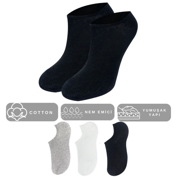 Kadın - Erkek Düz Desen (6 ÇİFT) Pamuklu Beden Mevsimlik Terletmez Görünmez Çorap - 4