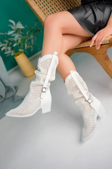 Muggo FLORİDA Garantili Kadın Lazer Kesim Delikli Western Kovboy Yazlık Topuklu Festival Çizme - 6