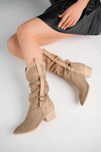 Muggo FLORİDA Garantili Kadın Lazer Kesim Delikli Western Kovboy Yazlık Topuklu Festival Çizme - 3