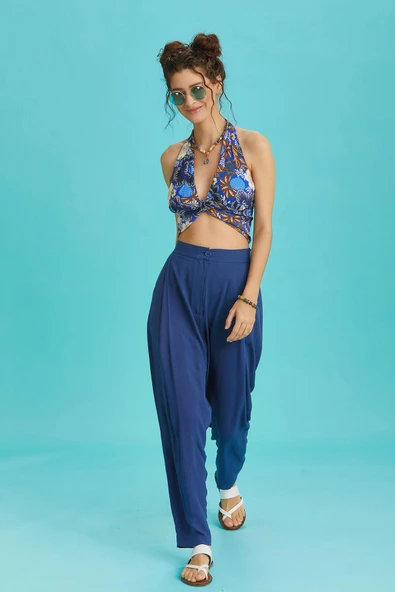 Beli Lastikli Pileli İndigo Yazlık Pantolon - 4