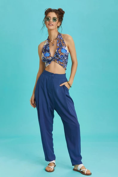 Beli Lastikli Pileli İndigo Yazlık Pantolon - 2