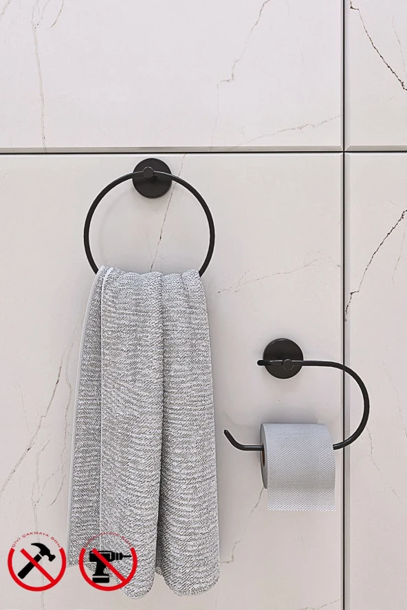 Banyo Aksesuar Seti Yuvarlak Havluluk Kapaksız Tuvalet Kağıtlığı Ister Yapıştır Ister Montajla