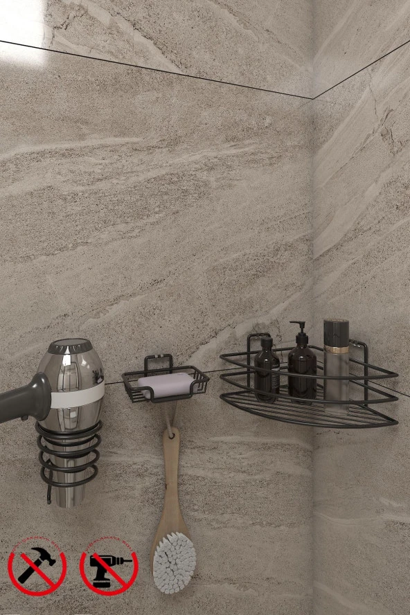 SİYH 3LÜ SET EK01  Ömür Boyu  Yapışkanlı Banyo Rafı - Yapışkanlı Kancalı Sabunluk ve Kare Fön SETİ
