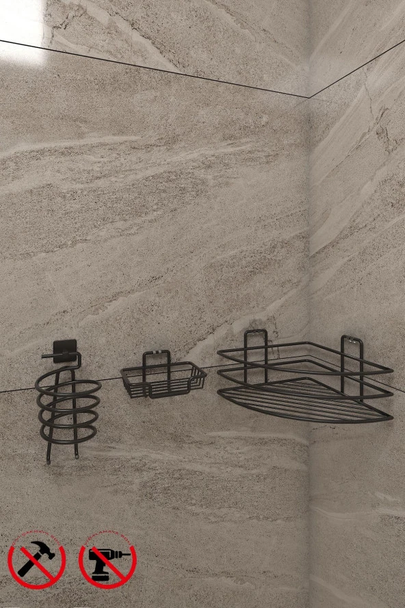 SİYH 3LÜ SET EK01  Ömür Boyu  Yapışkanlı Banyo Rafı - Yapışkanlı Kancalı Sabunluk ve Kare Fön SETİ - Resim 2