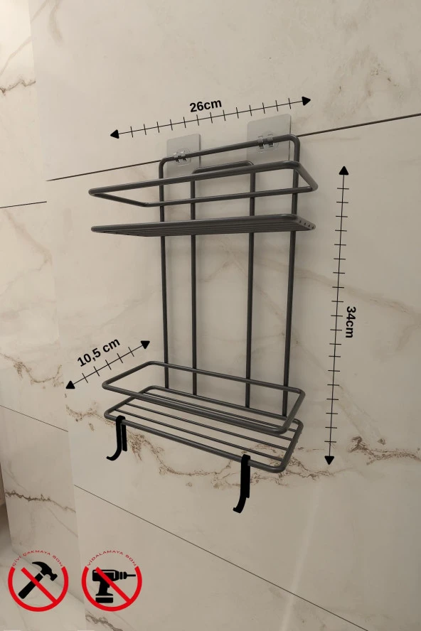 Ömür Boyu Paslanmaz Yapışkanlı Siyah 2 Katlı Düz Banyo Şampuanlık Tş02, Delmeye Son, Matkap Vida Yok - 3
