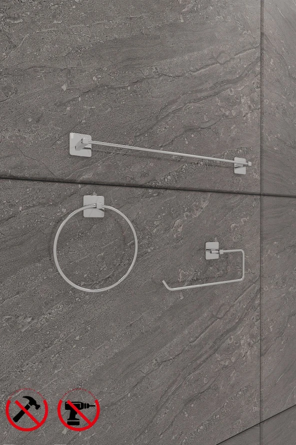 Yapışkanlı Banyo Aksesuar Seti Krom Kare Uzun Havluluk Kare Halka Havluluk Ve KareSolo Havluluk