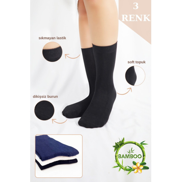 Kadın Çorabı Ter Emici Dikişsiz Extra Soft Model Soket Uzun Bambu Çorap (3 ÇİFT) Asorti Renk