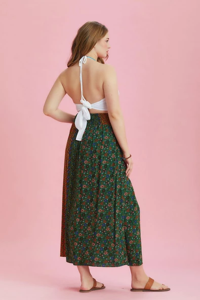 Yeşil Çiçekli Arka Bel Lastikli Derin Yırtmaçlı Büyük Beden Etek - Resim 5