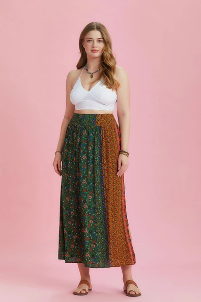 Yeşil Çiçekli Arka Bel Lastikli Derin Yırtmaçlı Büyük Beden Etek - Resim 2