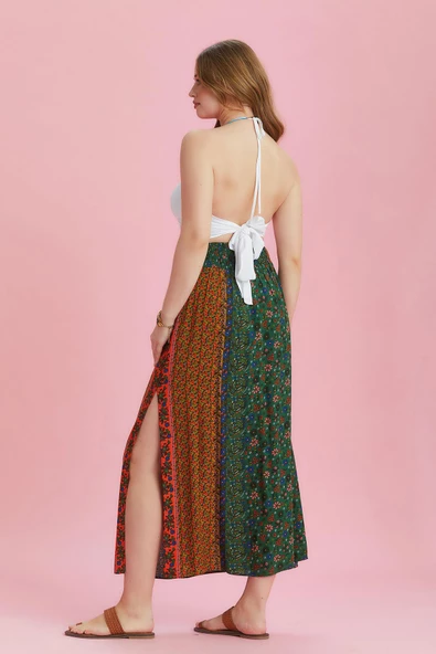 Yeşil Çiçekli Arka Bel Lastikli Derin Yırtmaçlı Büyük Beden Etek ürün görseli 1