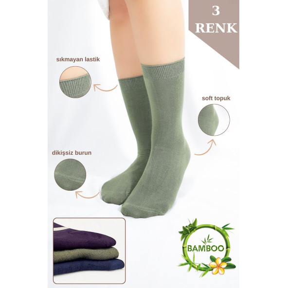 Kadın Çorabı Ter Emici Dikişsiz Extra Soft Model Soket Uzun Bambu Çorap (3 ÇİFT) Asorti Renk