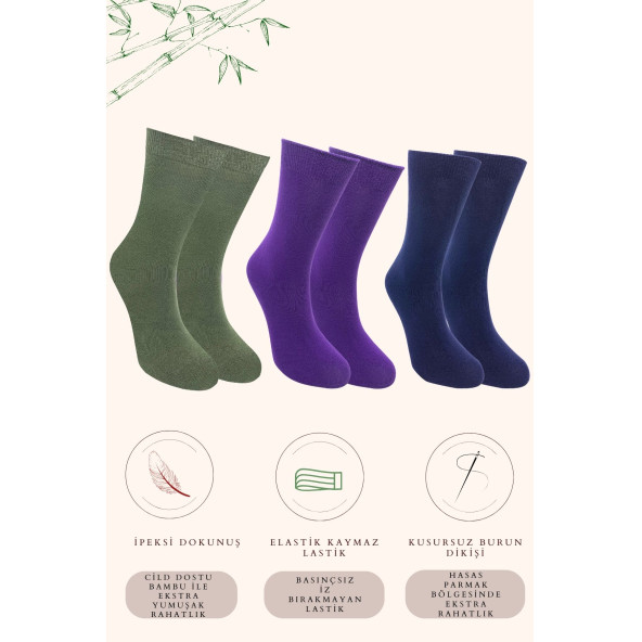 Kadın Çorabı Ter Emici Dikişsiz Extra Soft Model Soket Uzun Bambu Çorap (3 ÇİFT) Asorti Renk - 6