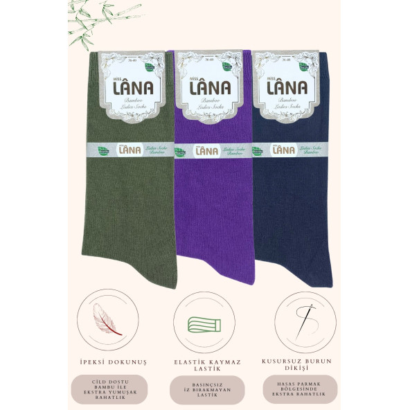 Kadın Çorabı Ter Emici Dikişsiz Extra Soft Model Soket Uzun Bambu Çorap (3 ÇİFT) Asorti Renk - 7