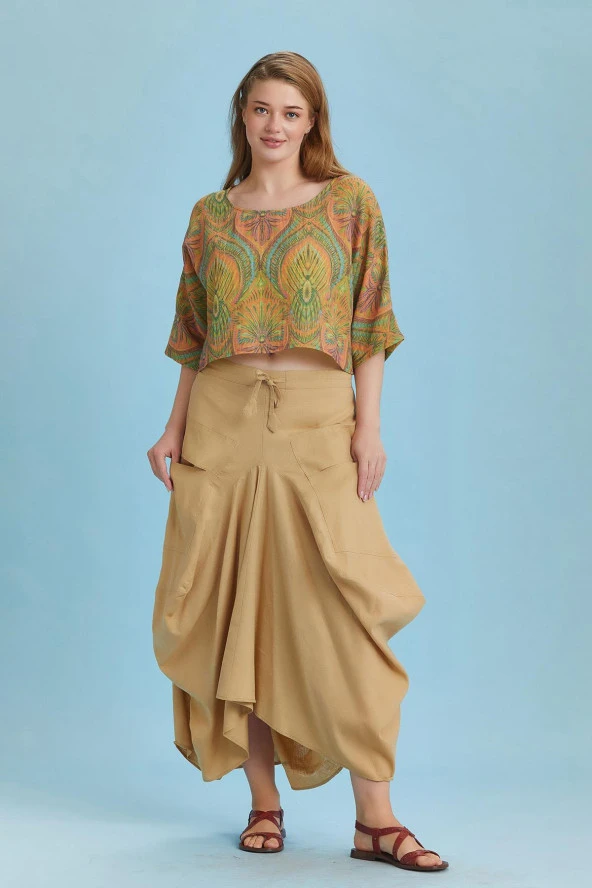 Bohem Tarz Beli Bağcıklı Cepli Büyük Beden Uzun Etek - Resim 2