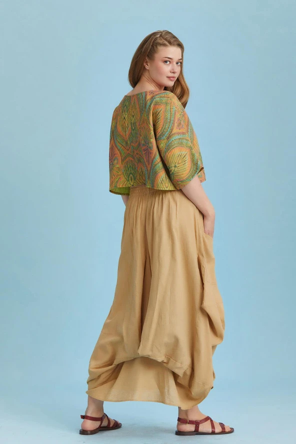 Bohem Tarz Beli Bağcıklı Cepli Büyük Beden Uzun Etek - Resim 4