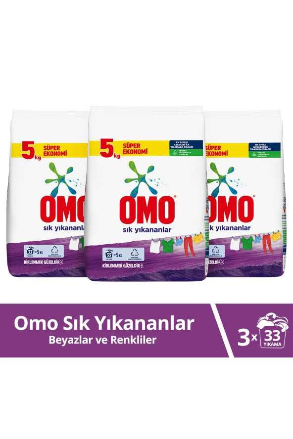 OMO Toz Çamaşır Deterjanı Sık Yıkananlar Zorlu Lekeleri I?Lk Yıkamada Çıkarır 5 Kgx3 ürün görseli