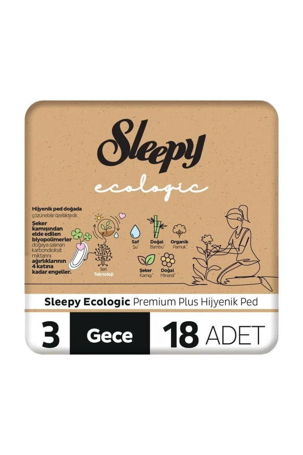 SLEEPY Ecologic Premium Plus Hijyenik Ped Gece 18 Adet Ped