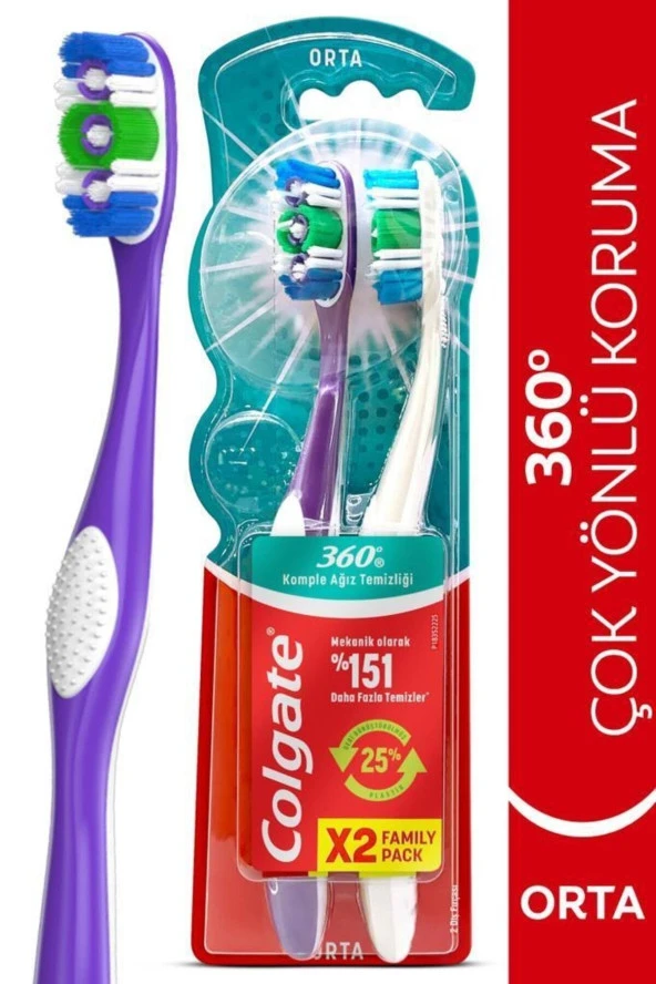 COLGATE 360 Komple Ağız Temizliği Çok Yönlü Koruma Orta Diş Fırçası 1+1