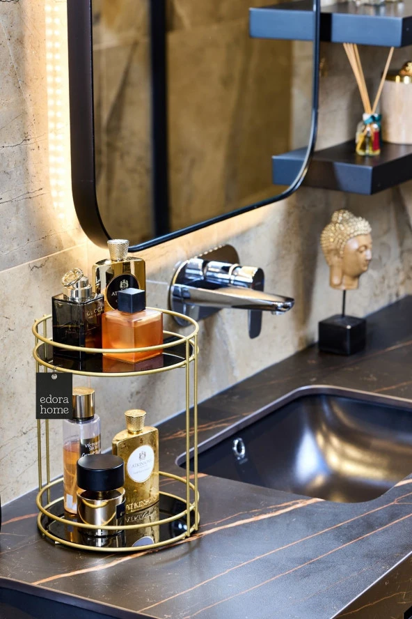 Gold 2 Katlı Banyo Organizer Düzenleyici Servis Sunum İkramlık Pleksili - Metal Paslanmaz