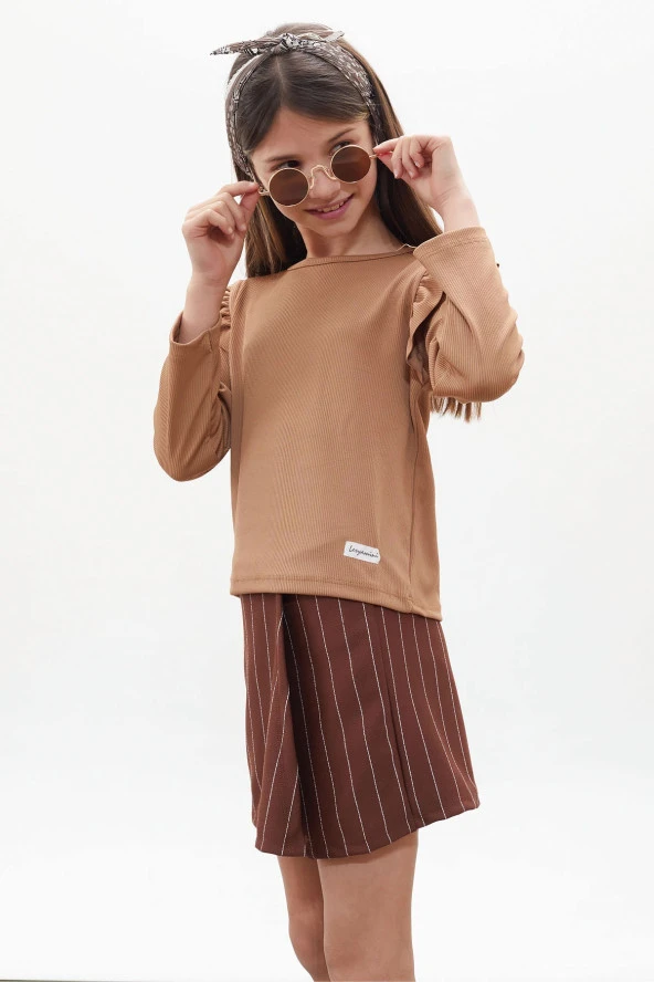 Kahverengi Çizgili Şort Etekli Volanlı Badili Kız Çocuk Takım 18272