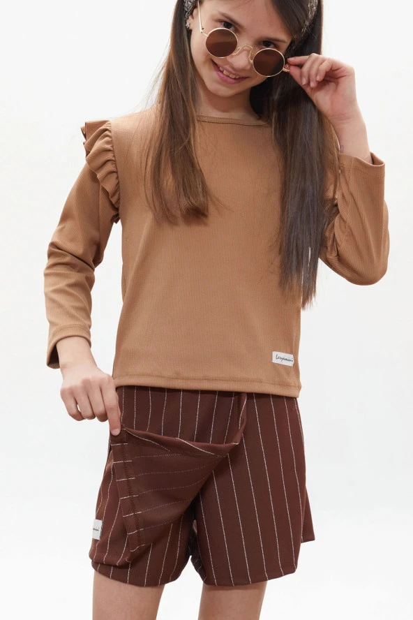 Kahverengi Çizgili Şort Etekli Volanlı Badili Kız Çocuk Takım 18272 - 2