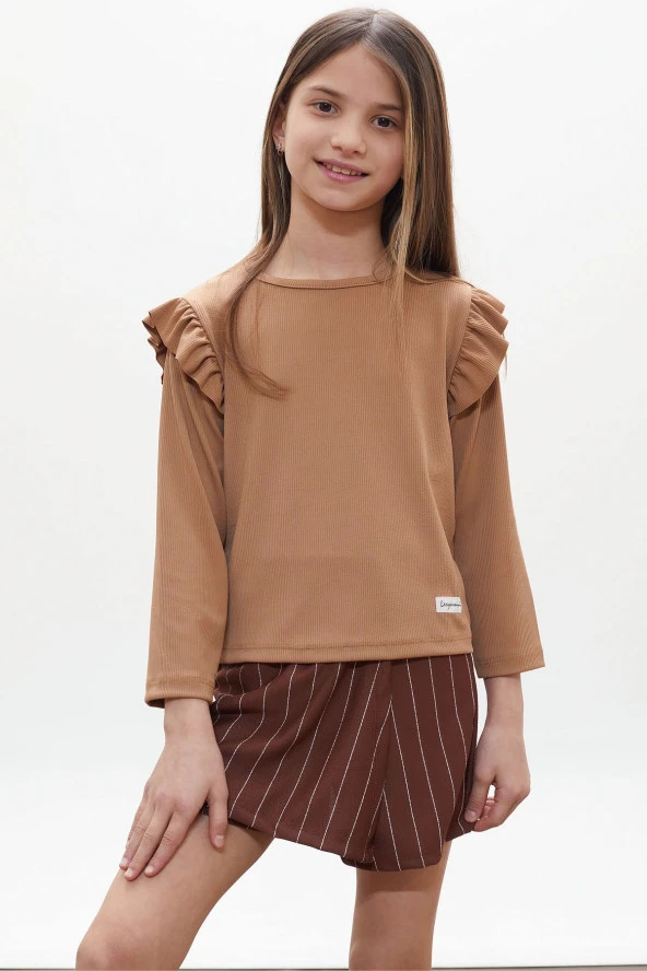 Kahverengi Çizgili Şort Etekli Volanlı Badili Kız Çocuk Takım 18272 - 3