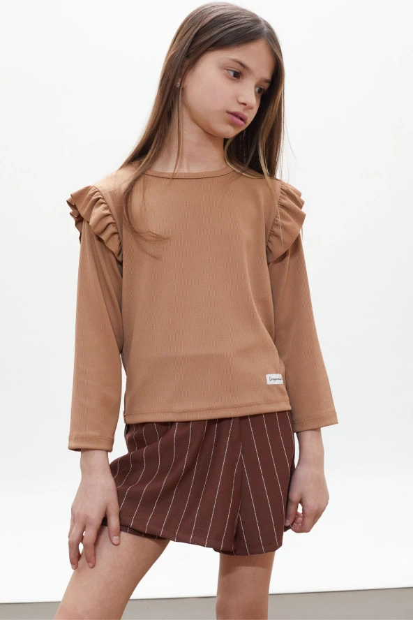 Kahverengi Çizgili Şort Etekli Volanlı Badili Kız Çocuk Takım 18272 - 4