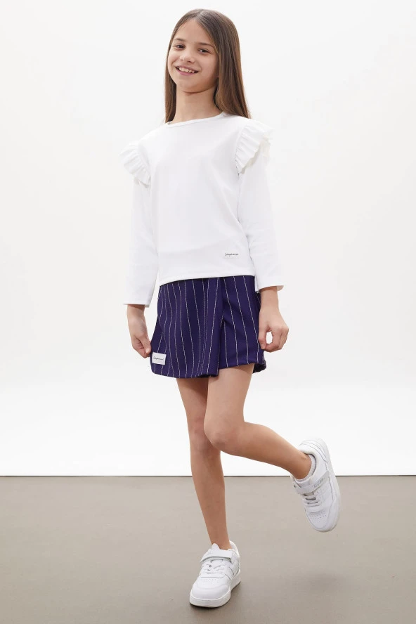 Lacivert Çizgili Şort Etekli Volanlı Badili Kız Çocuk Takım 18270 - 2