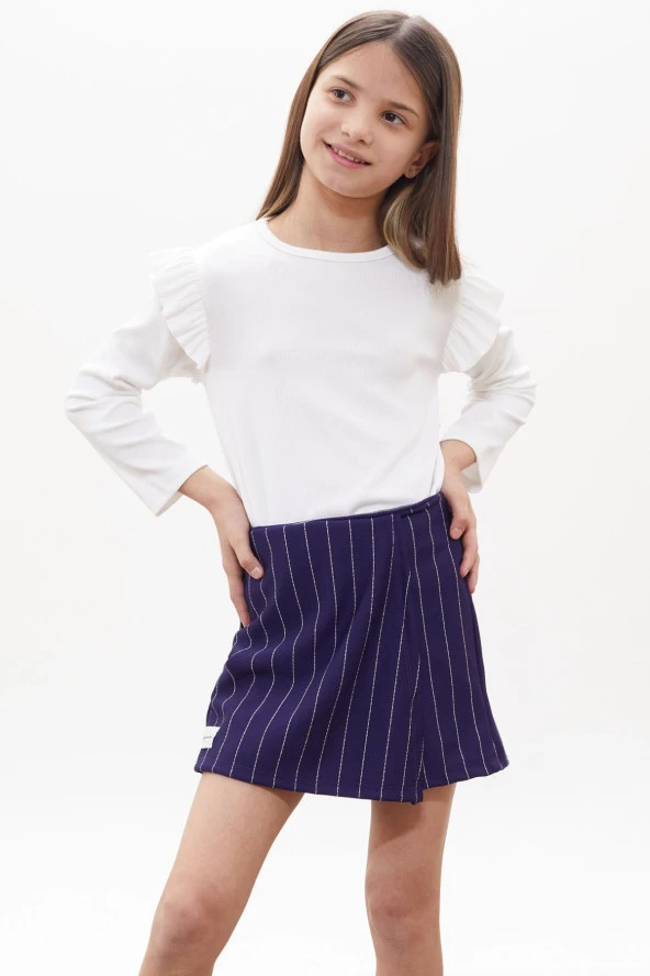 Lacivert Çizgili Şort Etekli Volanlı Badili Kız Çocuk Takım 18270 - 4